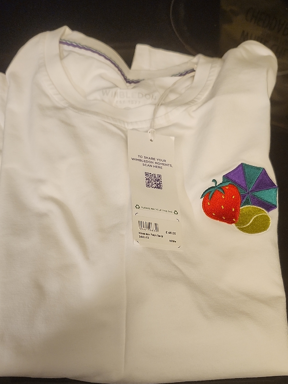 Wimbledon White Short Sleeve Tee with Strawberry, Umbrella & Tennis Ball Patch